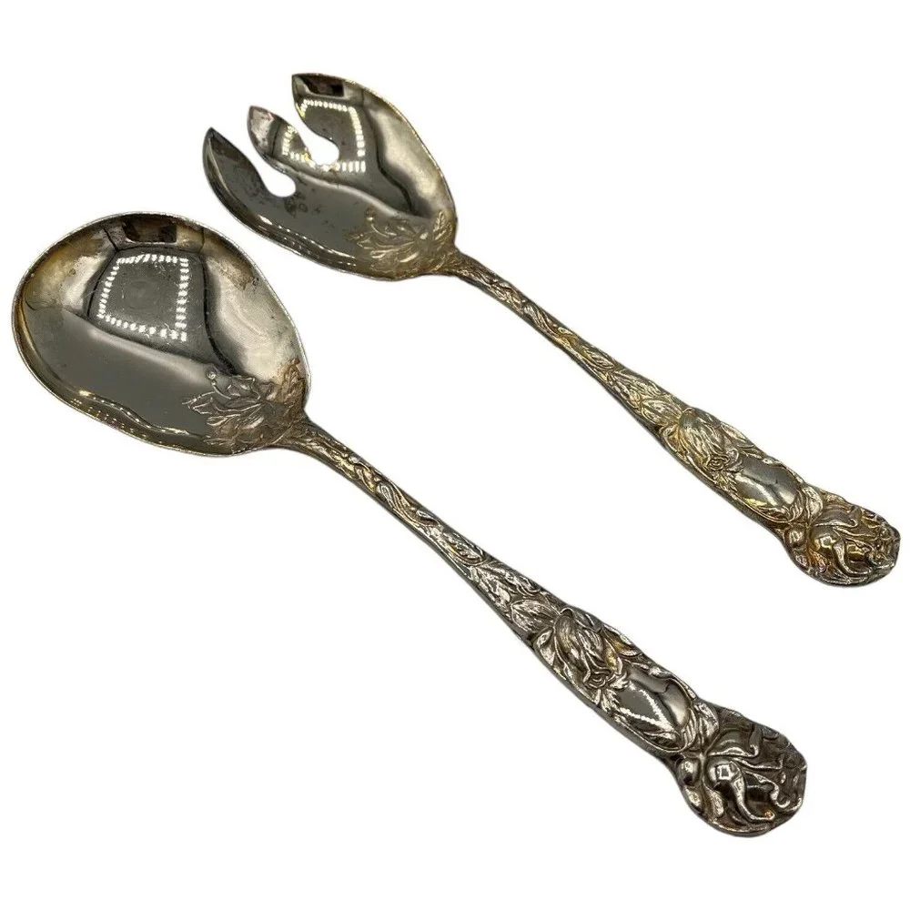 W.A. Silverplate Italy Bridal Rose Pattern 2 pc Salad Serving Set 9 1/2